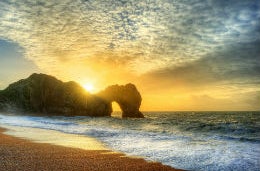 One of the UK's areas of outstanding natural beauty. The Jurassic Coast bathed in light at sunset.