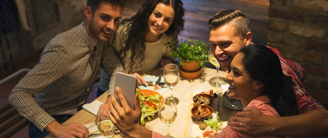 Friends taking a selfie at a restaurant