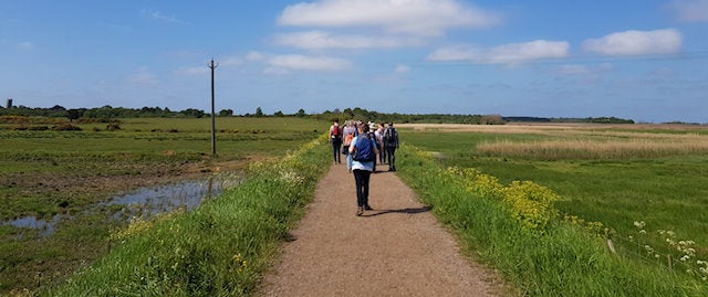People walking on path above the marsh ground